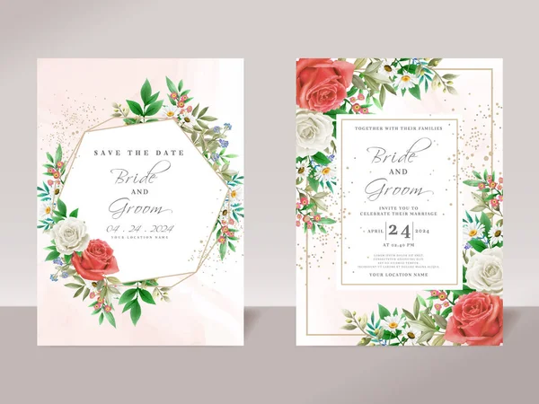 Floral wedding invitation template set with elegant white and red roses design