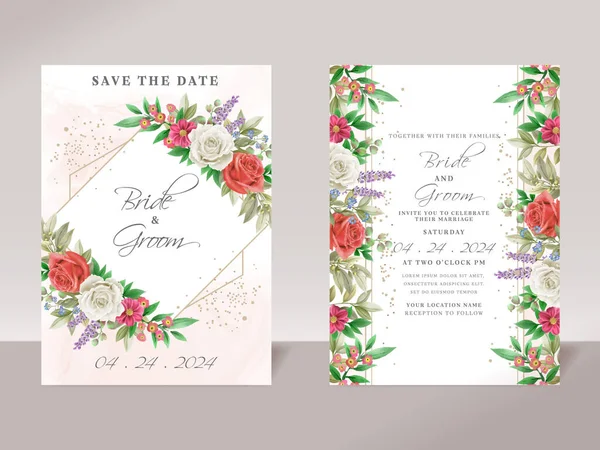 Floral Wedding Invitation Template Set Elegant White Red Roses Design — Stockvektor