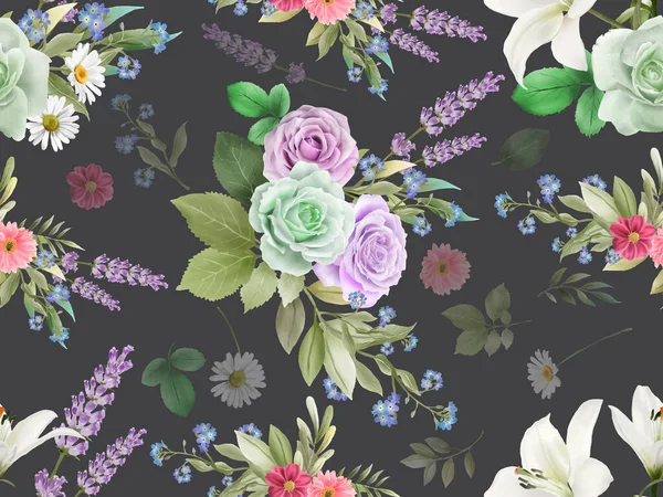 Seamless pattern with greenery and purple roses watercolor