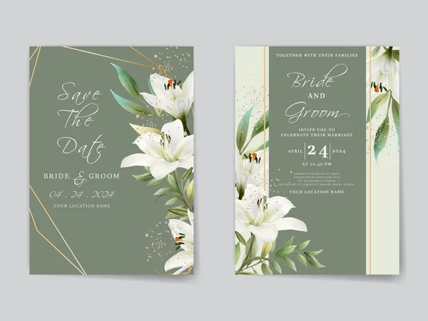 Elegant Wedding Invitations Card White Lily Watercolor Design — Stockvector