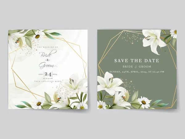 Elegant wedding invitations card with white lily watercolor design