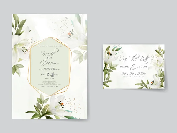 Elegant wedding invitations card with white lily watercolor design