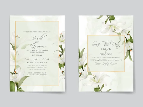 Elegant wedding invitations card with white lily watercolor design