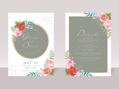 romantic pink and red flowers wedding invitation card