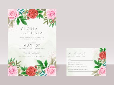 romantic pink and red flowers wedding invitation card