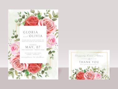 romantic pink and red flowers wedding invitation card
