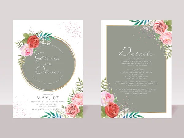 Romantic Pink Red Flowers Wedding Invitation Card — 图库矢量图片