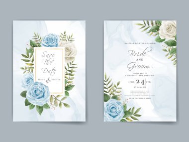 Elegant wedding invitation card with white and blue rose hand drawn