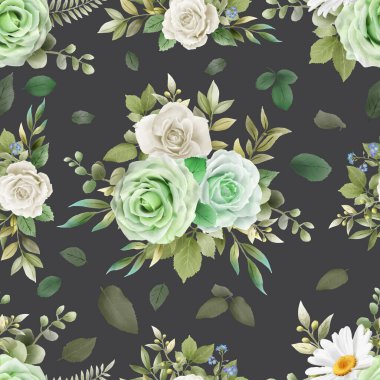 Elegant white and greenery roses seamless pattern
