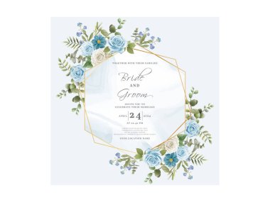 Elegant wedding invitation card with white and blue rose hand drawn