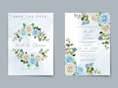 Elegant wedding invitation card with white and blue rose hand drawn