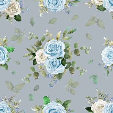 Elegant seamless pattern with white and blue rose hand drawn