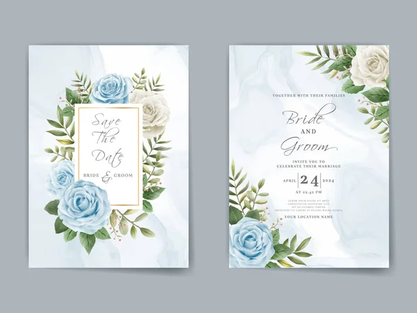 Elegant Wedding Invitation Card White Blue Rose Hand Drawn — Stockvector