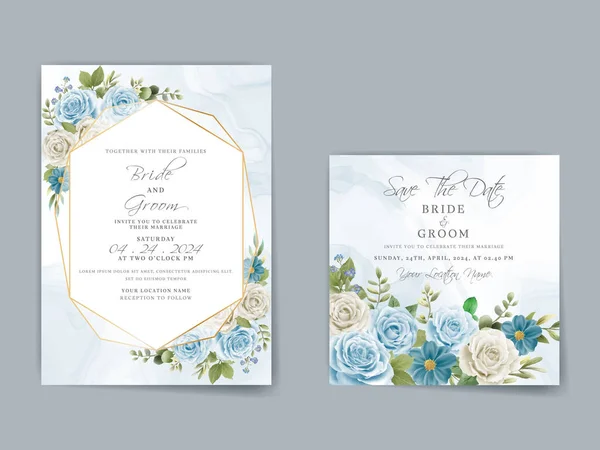 Elegant wedding invitation card with white and blue rose hand drawn