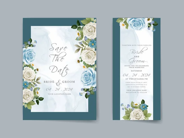 Elegant Wedding Invitation Card White Blue Rose Hand Drawn — Vector de stock