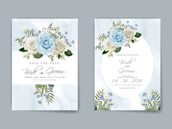 Elegant wedding invitation card with white and blue rose hand drawn