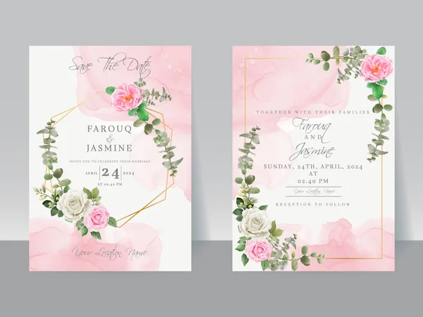 Hand Drawing Pink White Rose Wedding Invitation Card — Stockový vektor