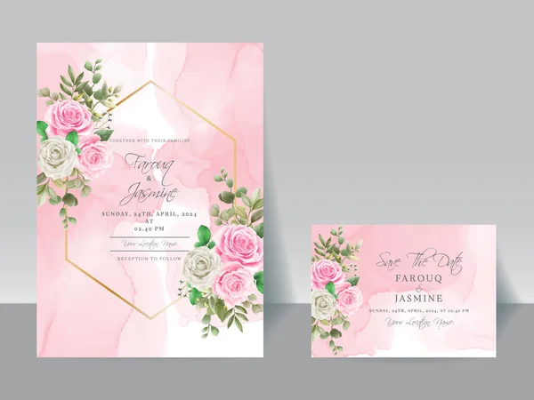 Hand Drawing Pink White Rose Wedding Invitation Card — 图库矢量图片