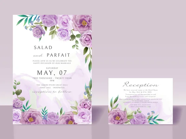 Plantilla Tarjeta Invitación Boda Con Flores Moradas — Vector de stock