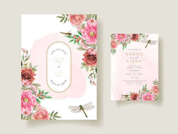 Florale Und Libellenmalerei Aquarell Hochzeitseinladungskarte — Stockvektor
