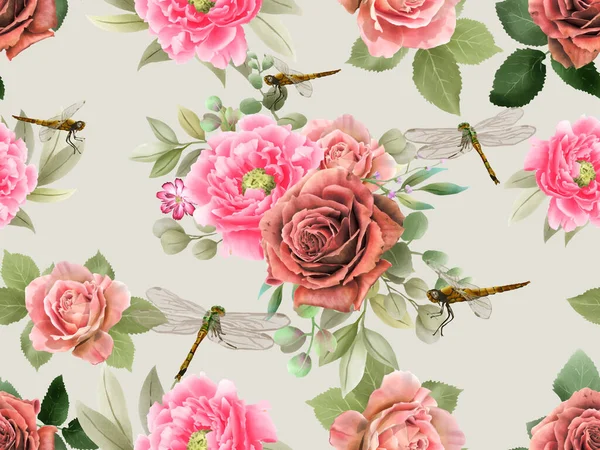 Floral Und Libelle Malerei Aquarell Nahtlose Muster — Stockvektor