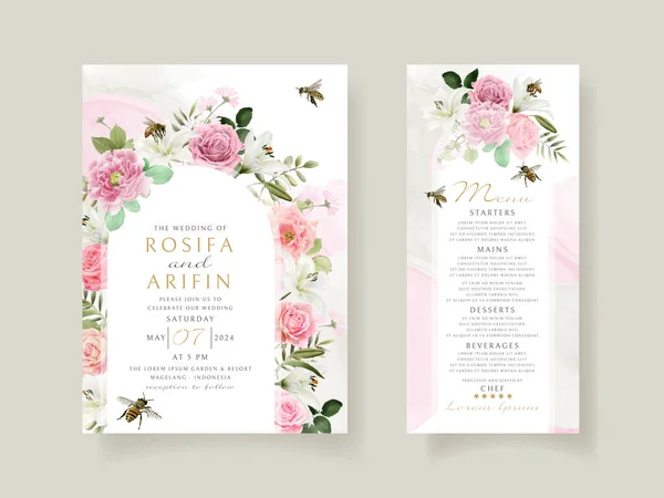 Hochzeitseinladungskarte Vorlage Mit Schönen Blumen Hand Gezeichnet — Stockvektor