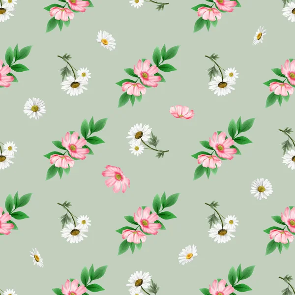 Elegant White Pink Flowers Seamless Pattern — Stock Vector