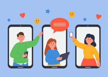 Mutlu insanlar sosyal ağ üzerinden mobil ekranlardan iletişim kuruyor. Erkek ve kadınlar işveren düz vektör illüstrasyonuyla online röportaj yapmak için uygulamayı kullanıyorlar. Modern teknoloji kavramı
