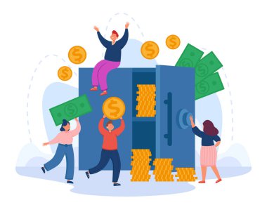Güvenli bankanın etrafındaki ufak tefek insanlar ve düz vektör çizimleri. Mutlu erkek ve kadın çizgi film karakterleri ellerinde dolar, ellerinde altın sikkeler, şifre takıp kasayı açıyorlar. İş konsepti
