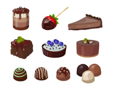 Çikolatalı tatlı seti. Tatlı yiyecek ve atıştırmalıkların vektör çizimleri. Çizgi film yuvarlak ya da kare kekler ve bisküviler, beyaz üzerinde ganache izole edilmiş çilek. Şekerlemeler, pastane menüsü konsepti