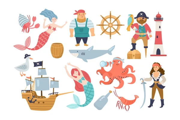 Lindos Animales Submarinos Ladrones Mar Conjunto Ilustración Dibujos Animados Sirena — Vector de stock