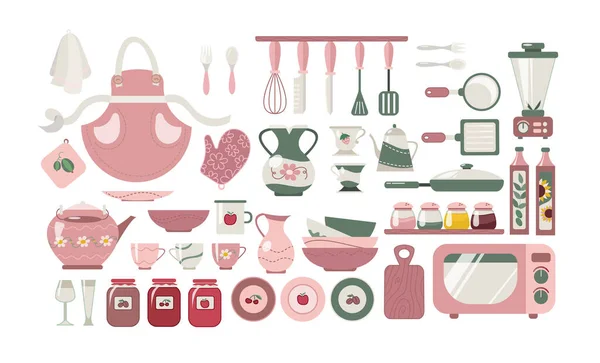 Diferentes Utensilios Cocina Del Hogar Vector Ilustraciones Conjunto Arcilla Decorativa — Archivo Imágenes Vectoriales