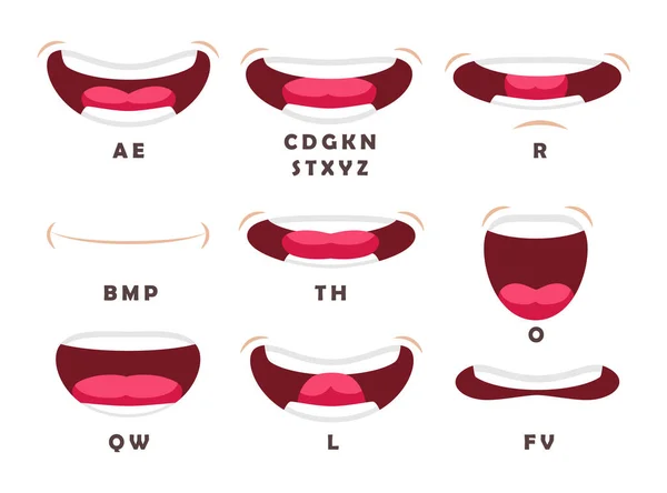 English Alphabet Letters Pronunciation Set Vector Illustrations Human Mouth Teeth — Stock Vector