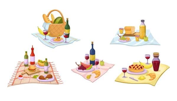 Food for summer picnic on tablecloth cartoon illustration set. Bottles of wine, desserts, snacks, alcohol drinks, bread, burger, cheese sandwiches, watermelon serving on table cover. Meal concept