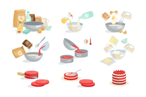 Process Cooking Cake Pie Cartoon Illustration Set Adding Ingredients Bowl — Stock Vector