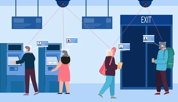 Caméra Numérisant Les Visages Personnes Prenant Argent Distributeur Automatique Distributeurs — Image vectorielle