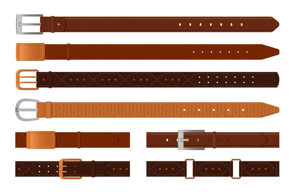 Classic Brown Leather Belts Flat Vector Illustrations Set Collection Straps — Stock Vector