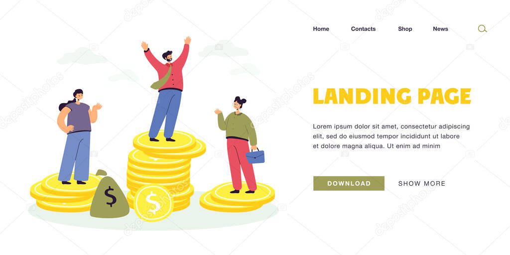 Male and female characters standing on unequal money stacks. Flat vector illustration. Business people of different gender getting disparate salary. Discrimination, job, payment, feminism concept