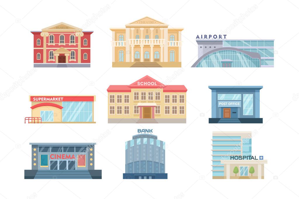Modern exteriors of city buildings set. Vector illustrations of houses with facades. Cartoon museum hospital school supermarket airport cinema post office isolated on white. Cityscape, urban concept