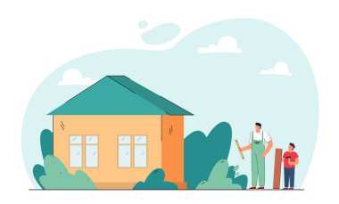 Baba ve oğulun tamir ve inşaat işleri. Elinde tamir aletleri olan bir adam ve çocuk, aile evi düz vektör illüstrasyonunun yanında duruyor. Pankart, web sitesi tasarımı veya iniş web sayfası için yenileme kavramı