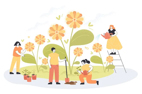 Trädgårdsarbete Människor Som Odlar Gula Blommor Våren Tillsammans Små Personer — Stock vektor