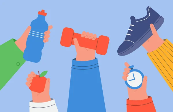 Hands holding healthy food and exercise equipment. Objects for marathon training or workout routine on blue background flat vector illustration. Healthy lifestyle, fitness, health concept for banner