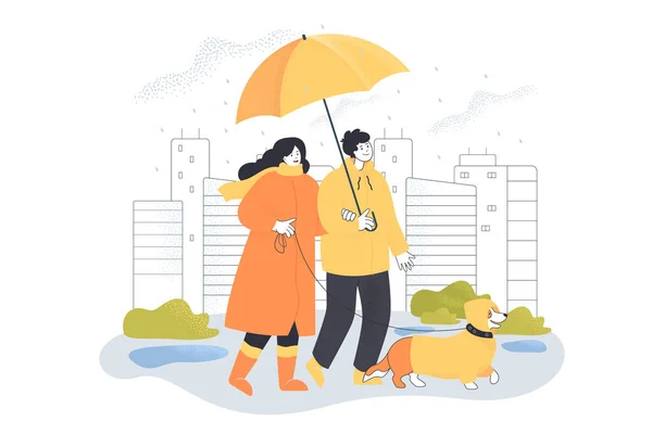 Mann Und Frau Spazieren Hund Strömenden Regen Bewölkter Tag Menschen — Stockvektor