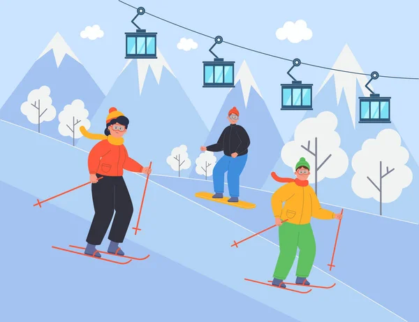 Landschap Van Skigebied Met Gelukkig Gezin Met Kind Cartoon Personages — Stockvector