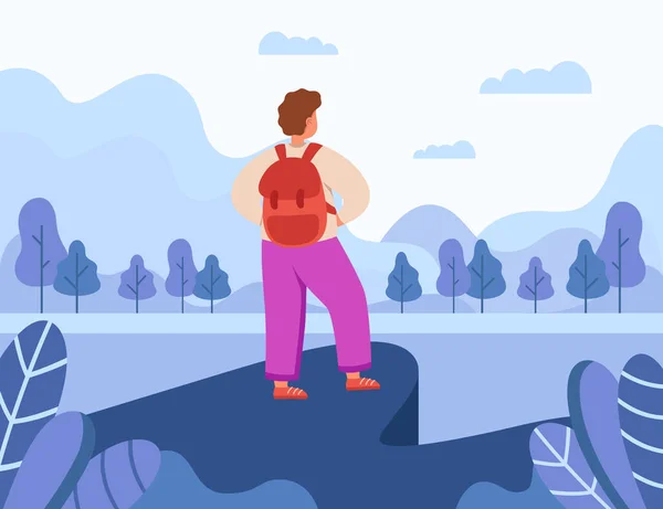 Landscape with tourist or hiker character standing on cliff. Back view of climber with backpack on adventure or journey, hiking or trekking flat vector illustration. Traveling, tourism concept
