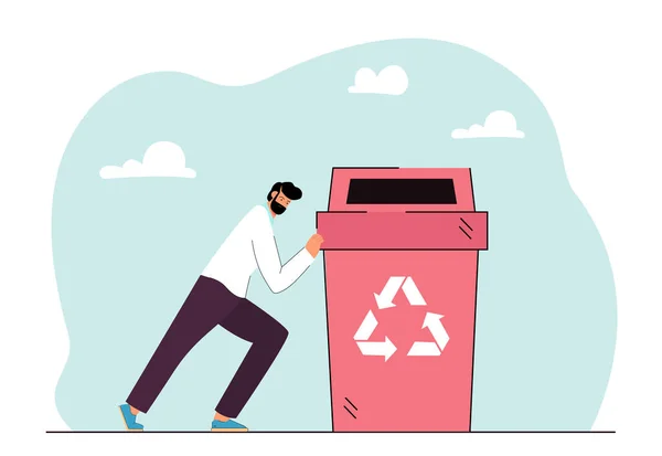 Homme Poussant Conteneur Poubelle Recyclage Avec Signe Recyclage Petite Personne — Image vectorielle