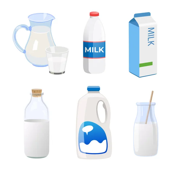 Milch Verschiedenen Behältern Vektor Illustrationen Eingestellt Frische Kuhmilch Karton Flasche — Stockvektor