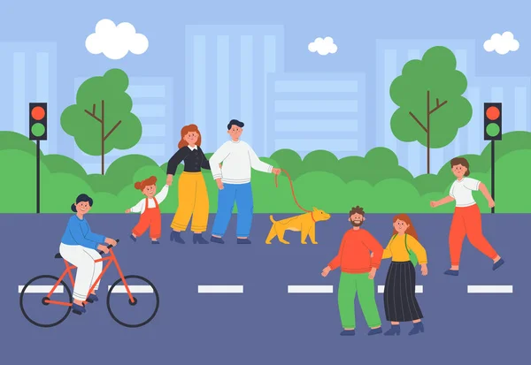 Gente Caminando Largo Calle Ciudad Ilustración Vector Plano Mujer Ciclista — Vector de stock
