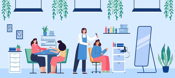 Women in beauty salon flat vector illustration. Hairdresser doing hairstyle to girl while she looking at mirror. Manicurist sitting and painting clients nails. Beauty, interior concept