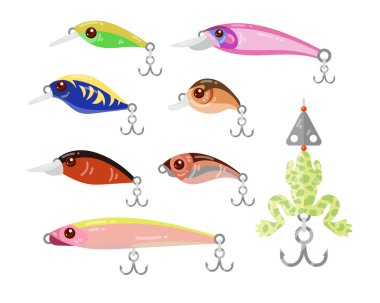 Yapay balık yemi çizim seti. Kancalı balık yemi, beyaz arka planda izole edilmiş farklı şekillerde salınımlar. Spor, hobi, vites, eğlence konsepti